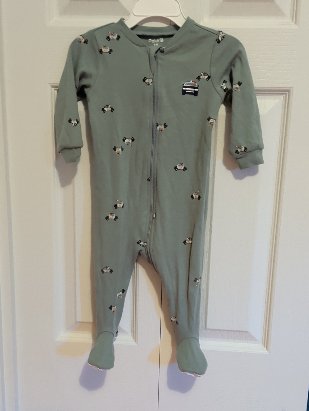 Pekkle Sage Green Police Car With Animals Footed One-Piece for Kids
